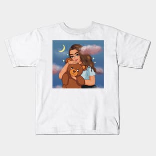 portrait girl holding a teddy bear in the clouds illustration aesthetic Kids T-Shirt